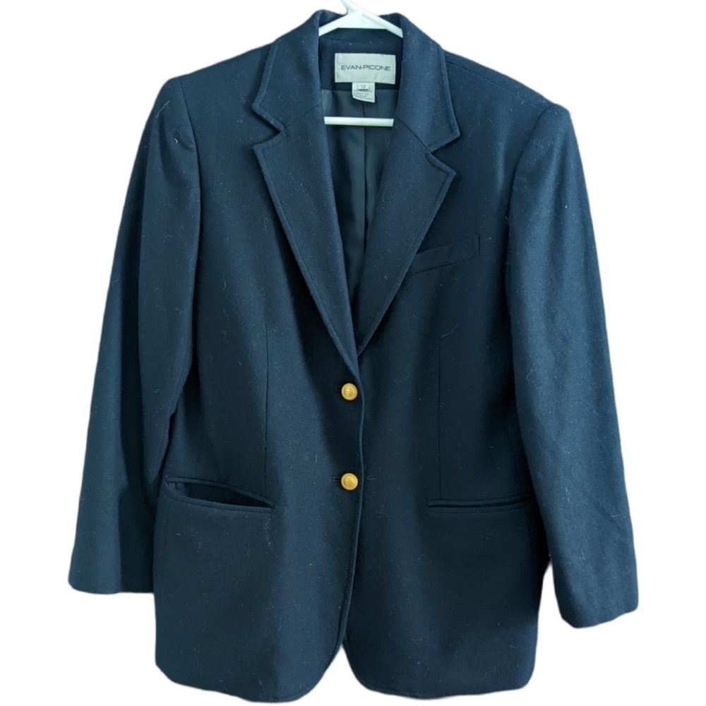 Vintage Evan Picone Wool Blazer Women's Size 12 Navy Blue Lined Suit Jacket